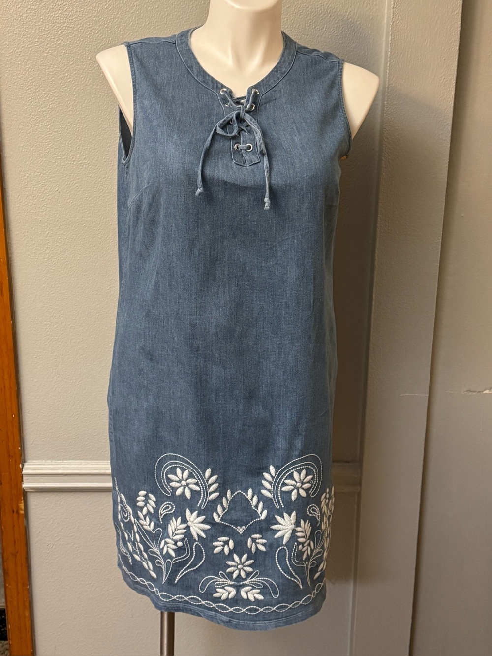 Westport Blue Denim-Style Lace-Up Shift Dress with White Embroidery